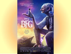 The BFG theatrical release film poster. At sunset, the Big Friendly Giant seated smiling at a little girl standing on his hand