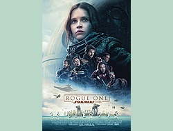 Rogue One poster: girl in a helmetless space suit surrounded by men against a bright sky to the left and darkness to the right